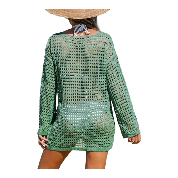 CUPSHE Crochet Cover Up Swimwear Scoop Neck Long Sleeve Boho Tunic Top Women M - Picture 2 of 8